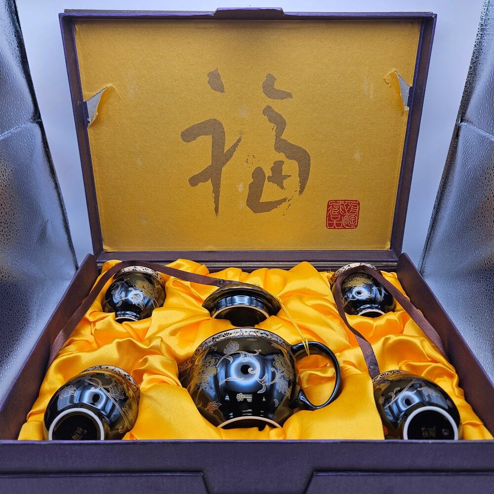 CHINESE BLACK PORCELAIN TEA SET GOLD FLORAL 6PC TEAPOT CUPS GIFT BOX TORN BOX